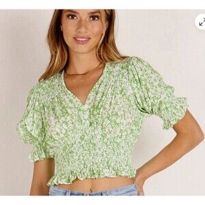 Faithful the Brand Lini Top Freja Floral Print Womens Size 4 Green White Smocked